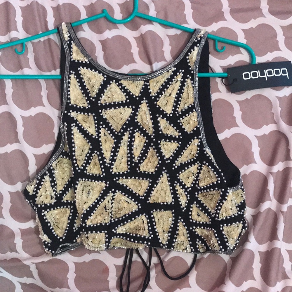 NWT BOOHOO SEQUIN GLAM TIE BACK CROP TOP